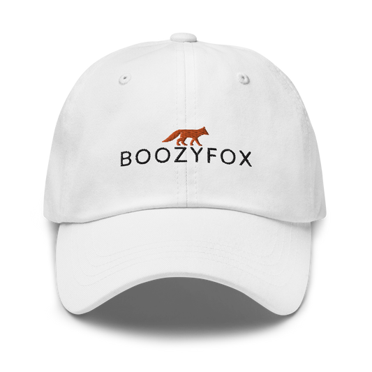 Cool White Dad Hat featuring an embroidered Boozy Fox logo on front. Shop Cool Dad Hats & Dad Caps Online - Boozy Fox