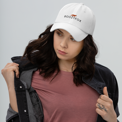 Woman Wearing a Cool White Dad Hat featuring an embroidered Boozy Fox logo on front. Shop Cool Dad Hats & Dad Caps Online - Boozy Fox