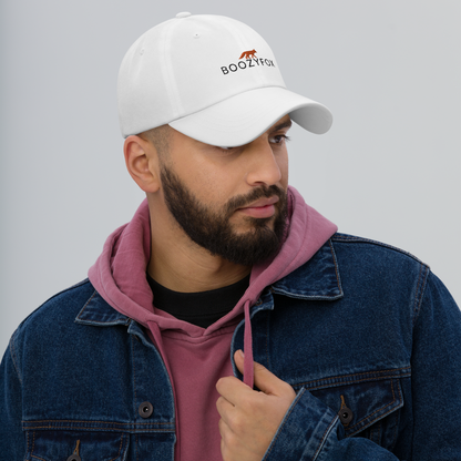 Man Wearing a Cool White Dad Hat featuring an embroidered Boozy Fox logo on front. Shop Cool Dad Hats & Dad Caps Online - Boozy Fox