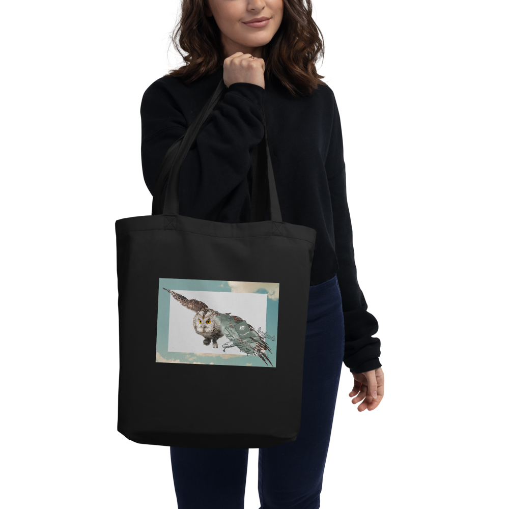 Woman Wearing Black Flying Owl Eco Tote Bag - Boozy Fox