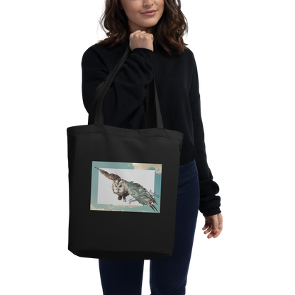 Woman Wearing Black Flying Owl Eco Tote Bag - Boozy Fox