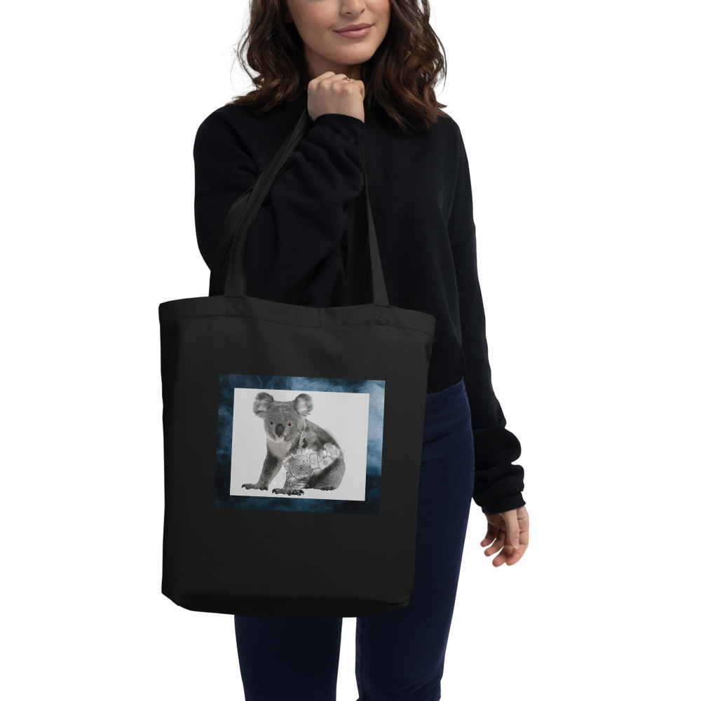 Woman Wearing Black Mystical Koala Eco Tote Bag - Boozy Fox