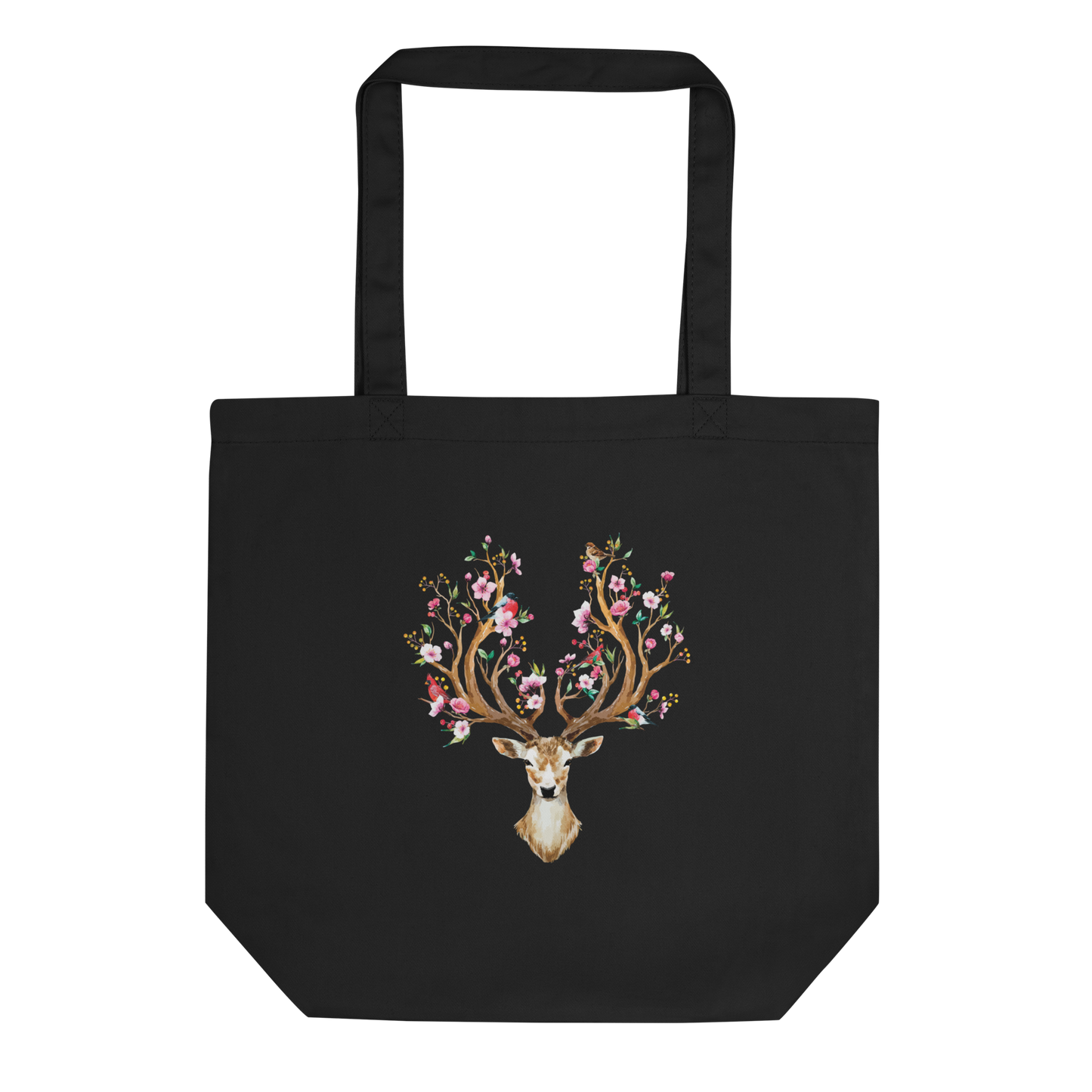 Floral Red Deer - Black Eco Tote Bag - Boozy Fox