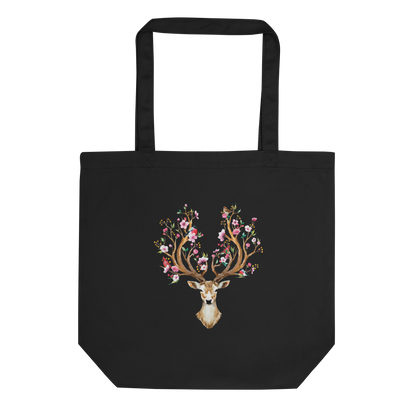 Floral Red Deer - Black Eco Tote Bag - Boozy Fox