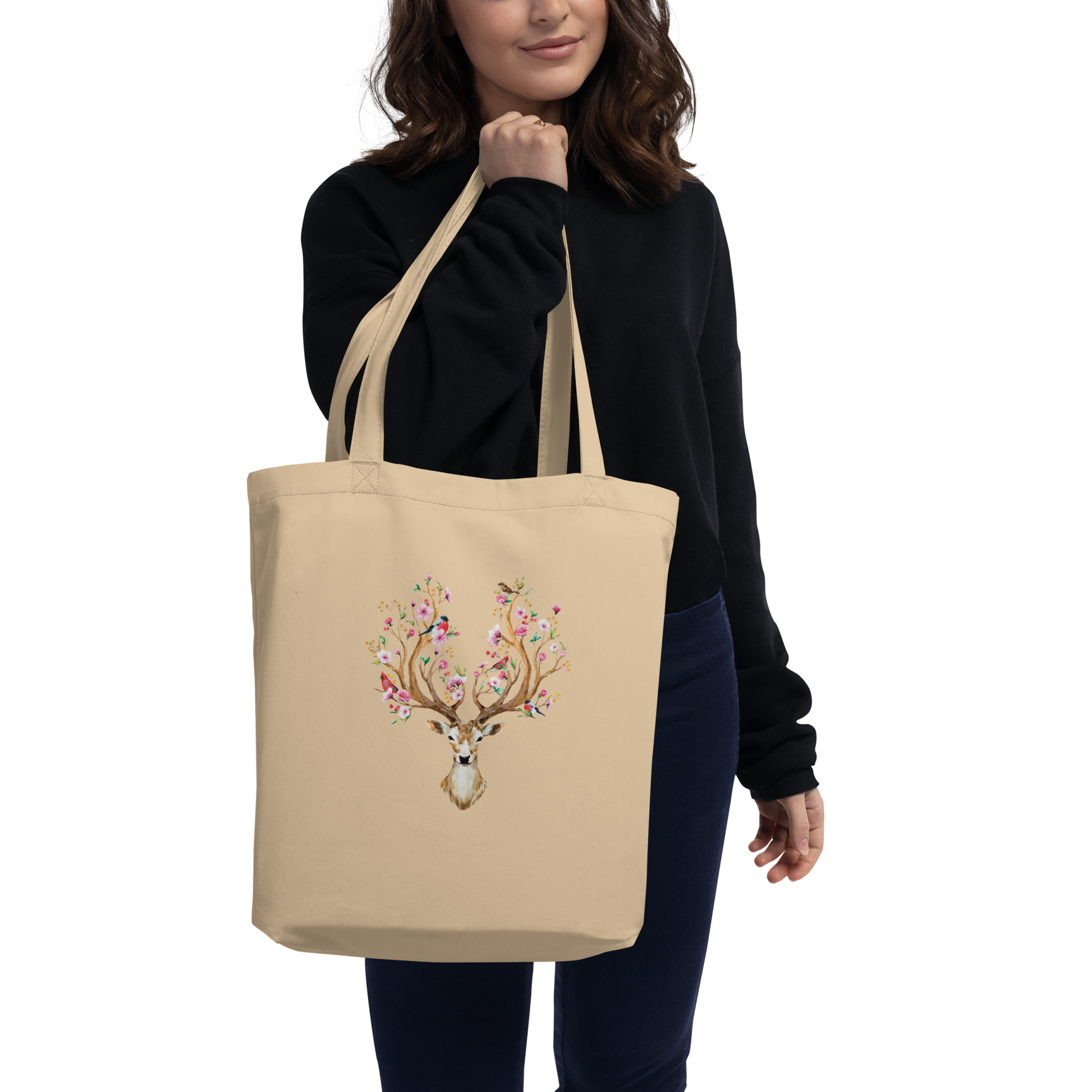 Woman Wearing Floral Red Deer - Oyster Eco Tote Bag - Boozy Fox