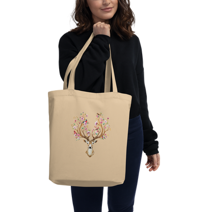 Woman Wearing Floral Red Deer - Oyster Eco Tote Bag - Boozy Fox