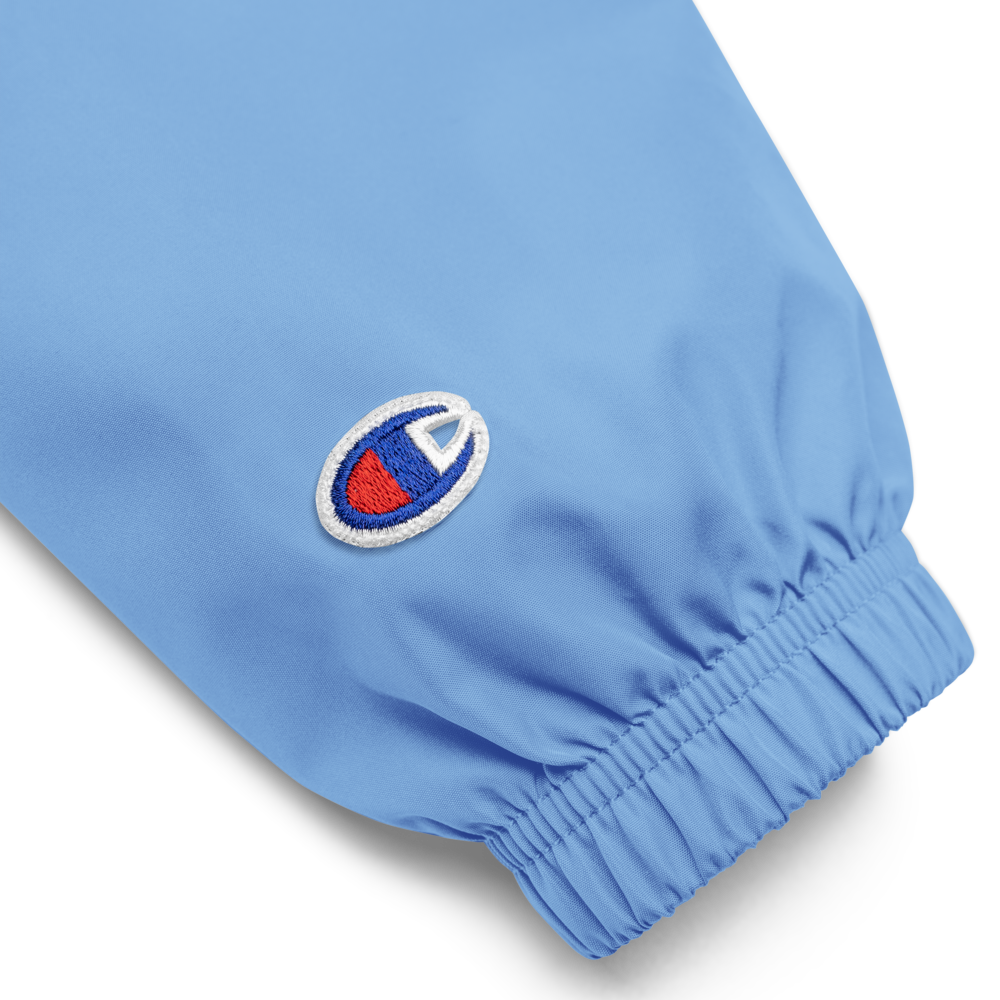Product Details of a Light Blue Champion Packable Jacket featuring a sleek embroidered Boozy Fox logo on the chest - Waterproof Champion Windbreakers & Raincoats - Boozy Fox