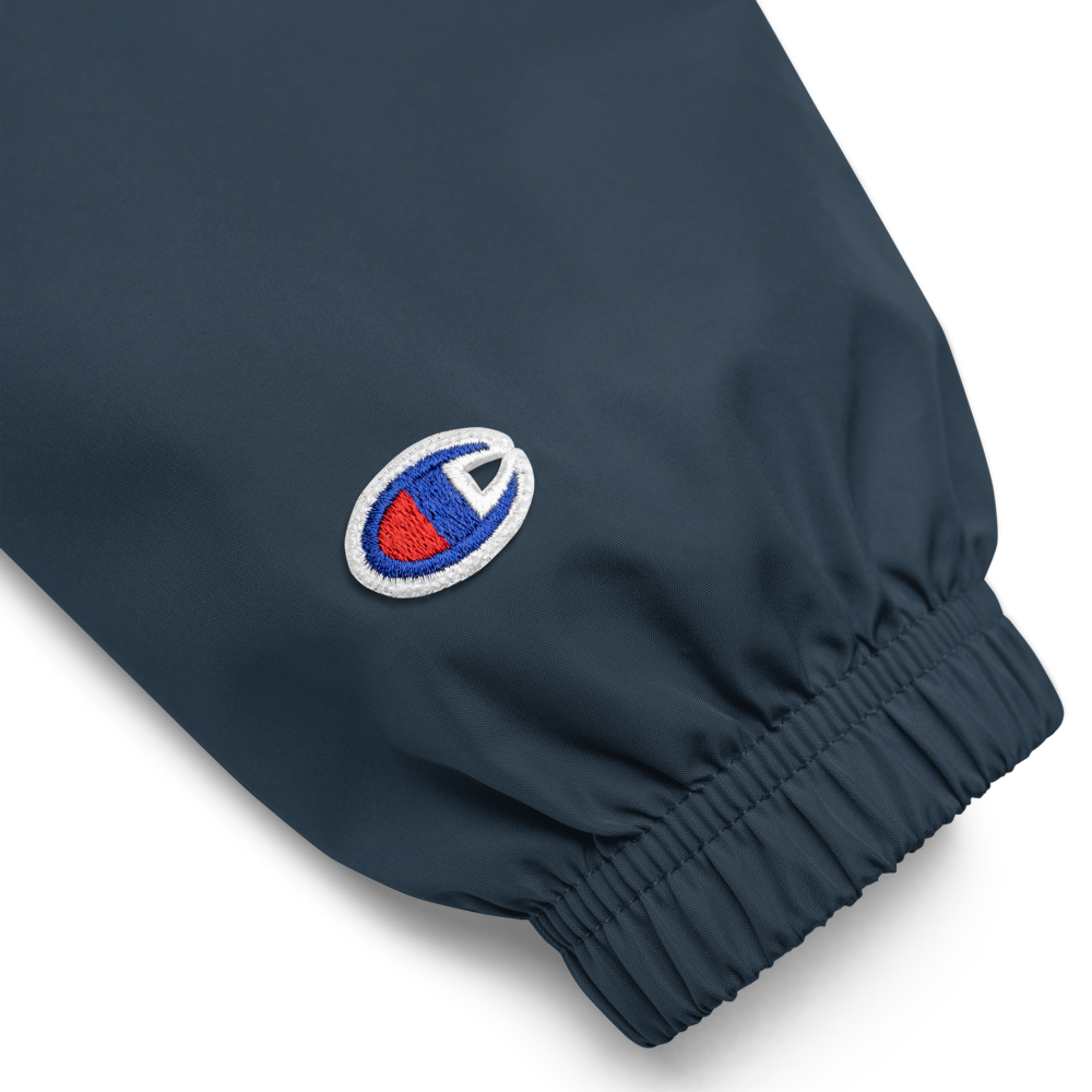 Product Details of a Navy Champion Packable Jacket featuring a sleek embroidered Boozy Fox logo on the chest - Waterproof Champion Windbreakers & Raincoats - Boozy Fox