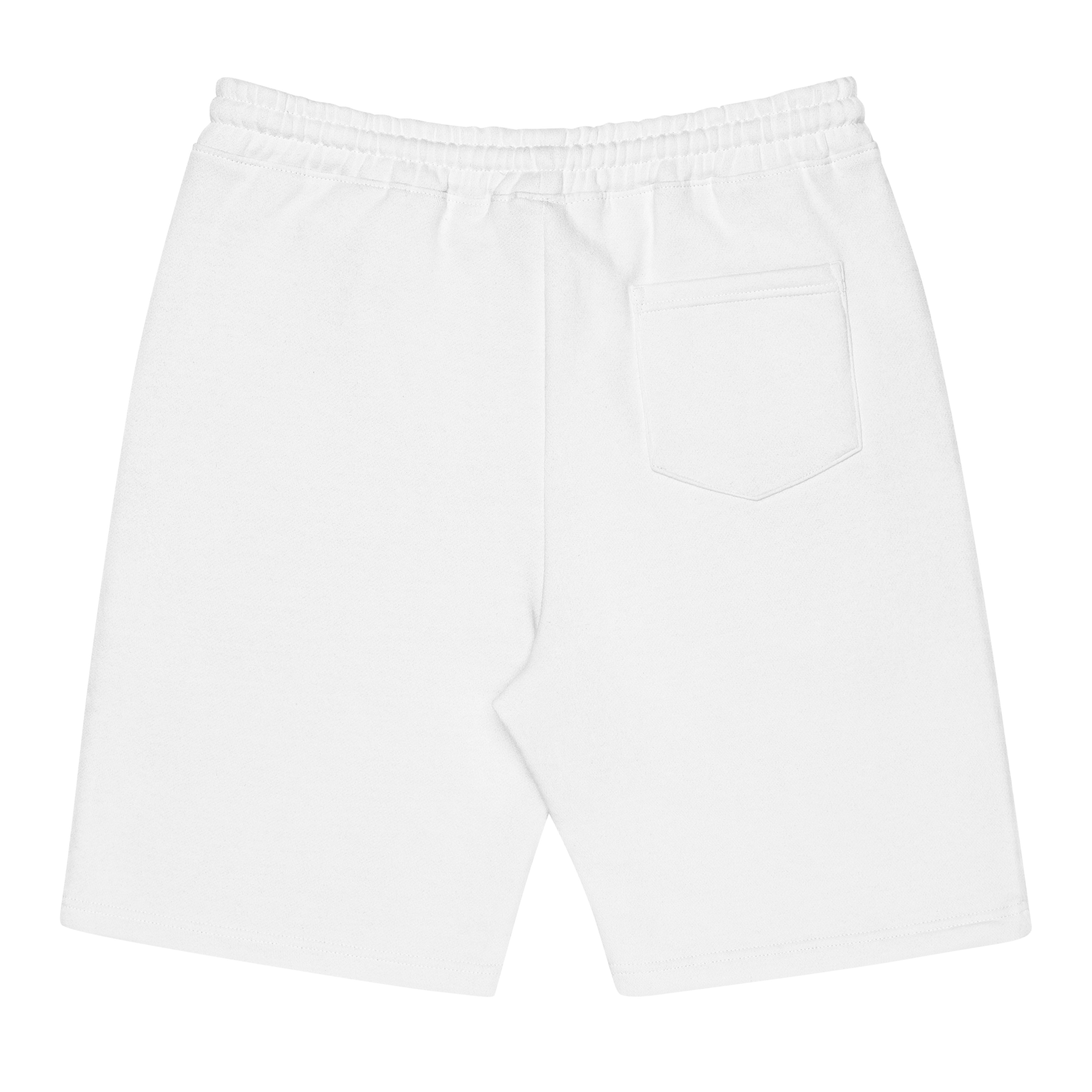 Back of a Men's White Fleece Shorts featuring an embroidered Boozy Fox logo on front