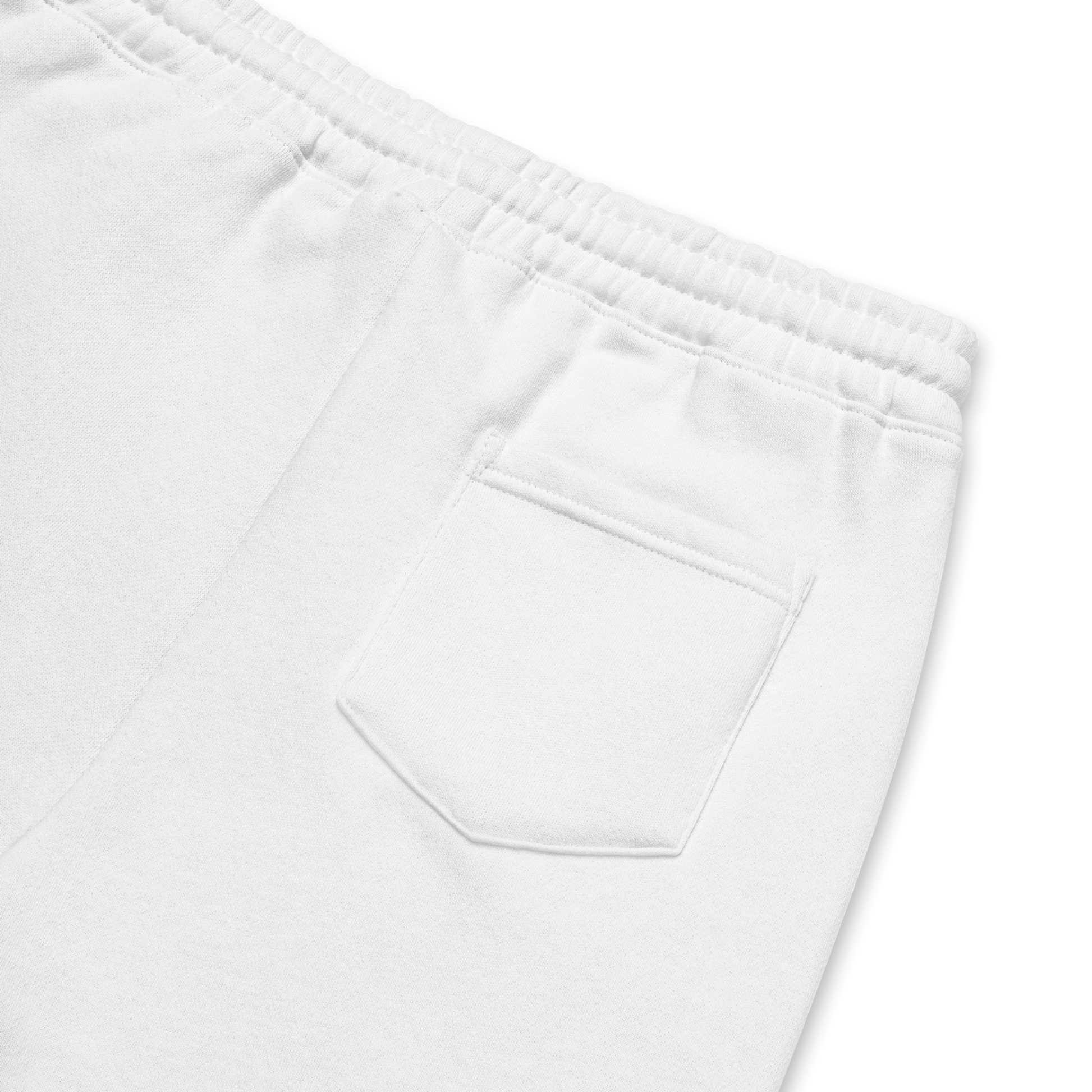 Product Details of a Men's White Fleece Shorts featuring an embroidered Boozy Fox logo on front