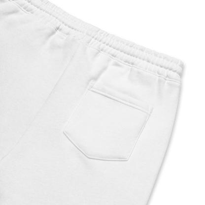 Product Details of a Men's White Fleece Shorts featuring an embroidered Boozy Fox logo on front