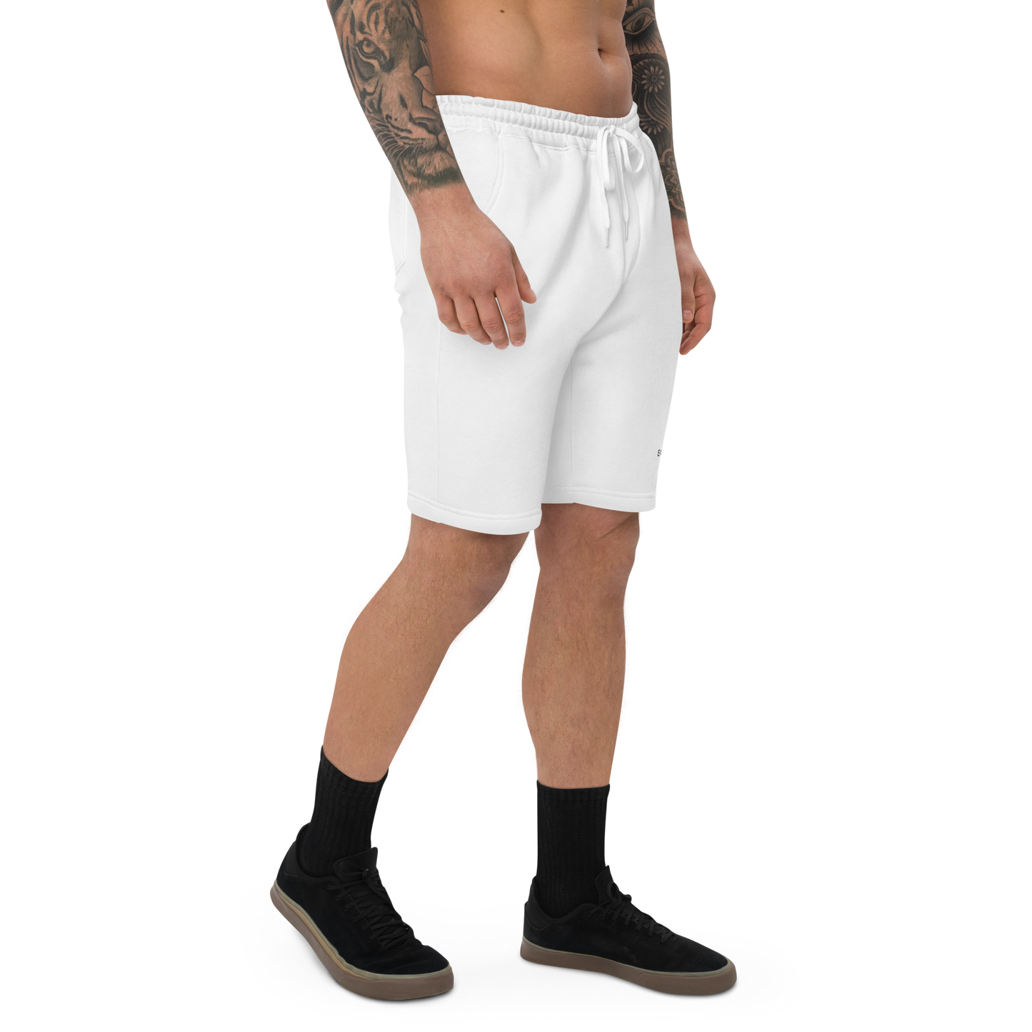 Man Wearing White Fleece Shorts featuring an embroidered Boozy Fox logo on front