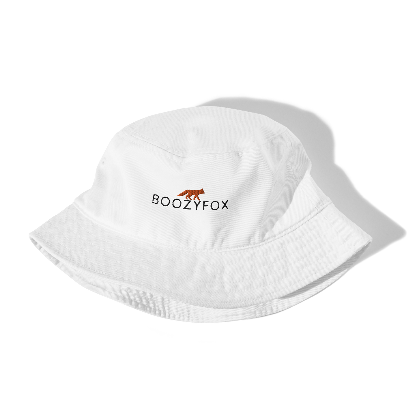 Front details of a White Organic Bucket Hat featuring a recognizable Boozy Fox embroidery logo on the front - Bucket Hats - Boozy Fox