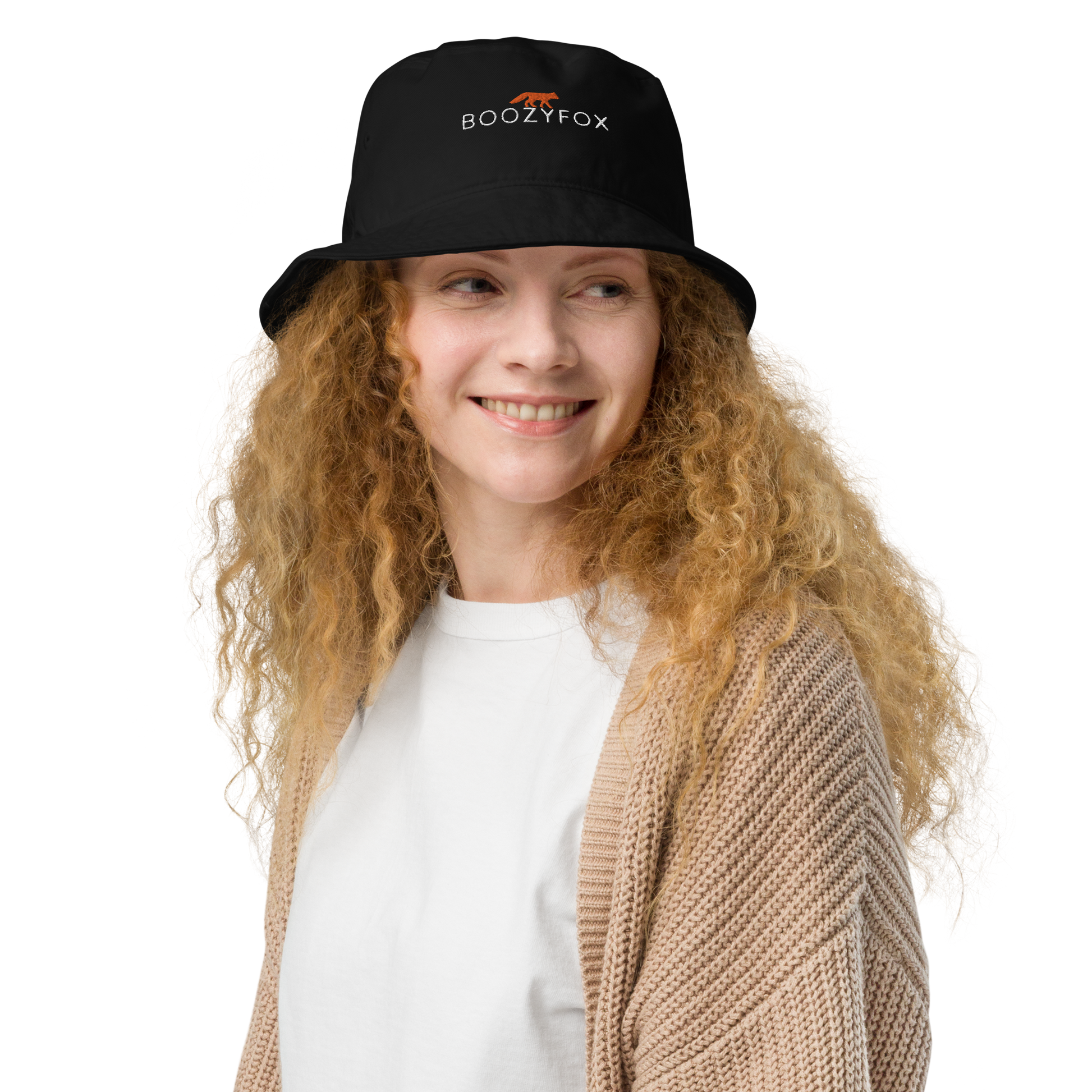 Smiling woman wearing a Black Organic Bucket Hat featuring a recognizable Boozy Fox embroidery logo on the front - Bucket Hats - Boozy Fox