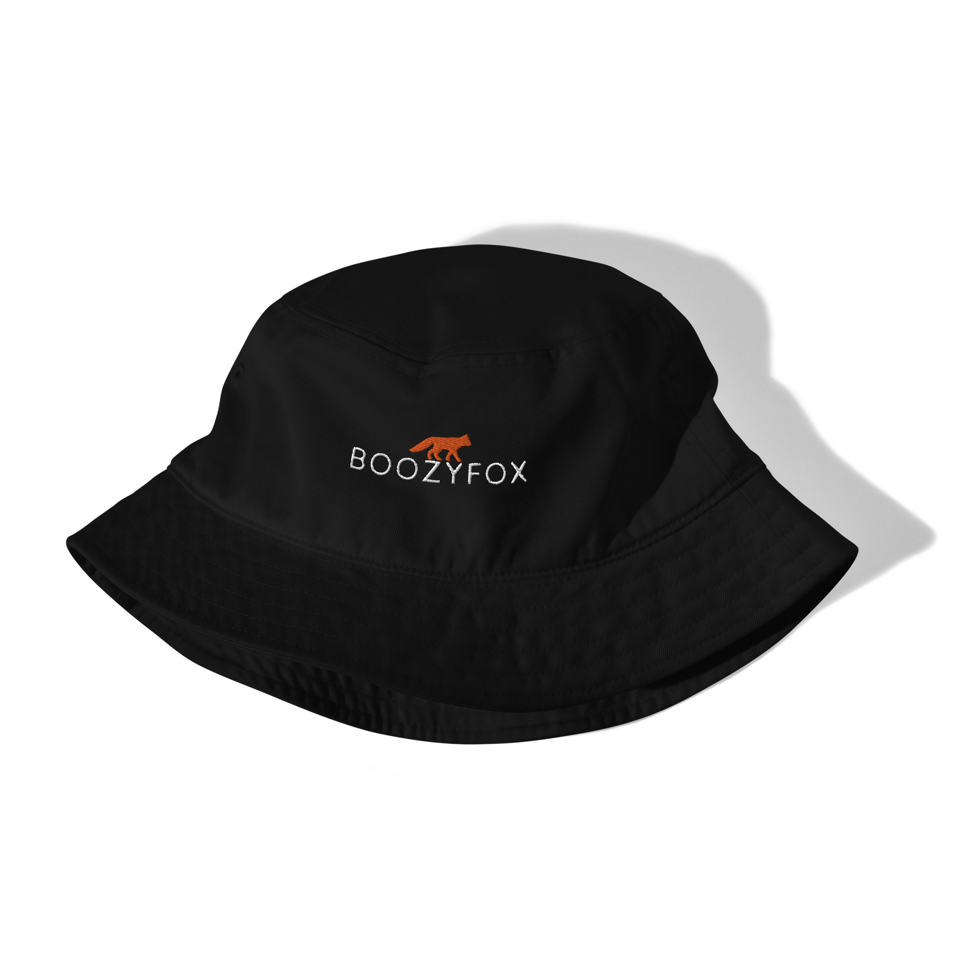 Front details of a Black Organic Bucket Hat featuring a recognizable Boozy Fox embroidery logo on the front - Bucket Hats - Boozy Fox
