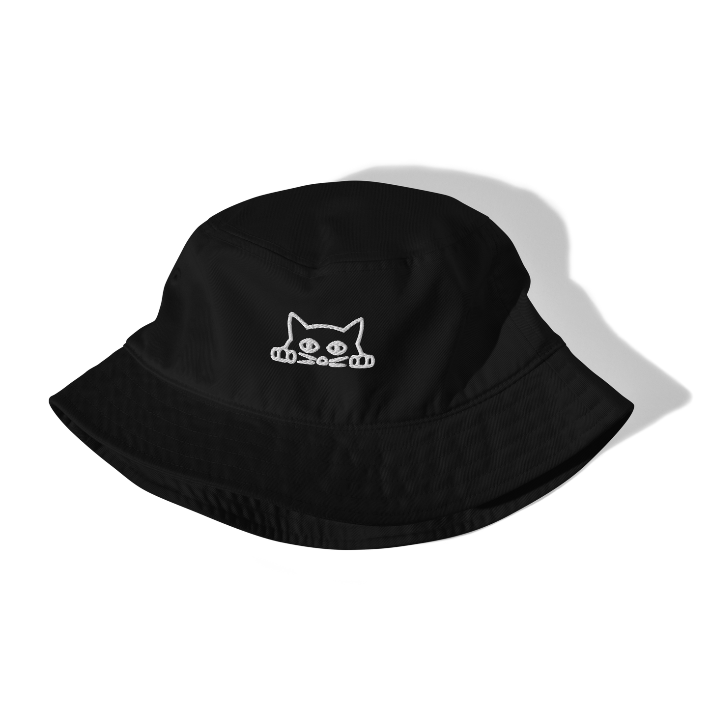 Front details of a Black Organic Bucket Hat featuring a funny Peeking Cat embroidery on the front - Bucket Hats - Boozy Fox