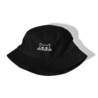 Front details of a Black Organic Bucket Hat featuring a funny Peeking Cat embroidery on the front - Bucket Hats - Boozy Fox