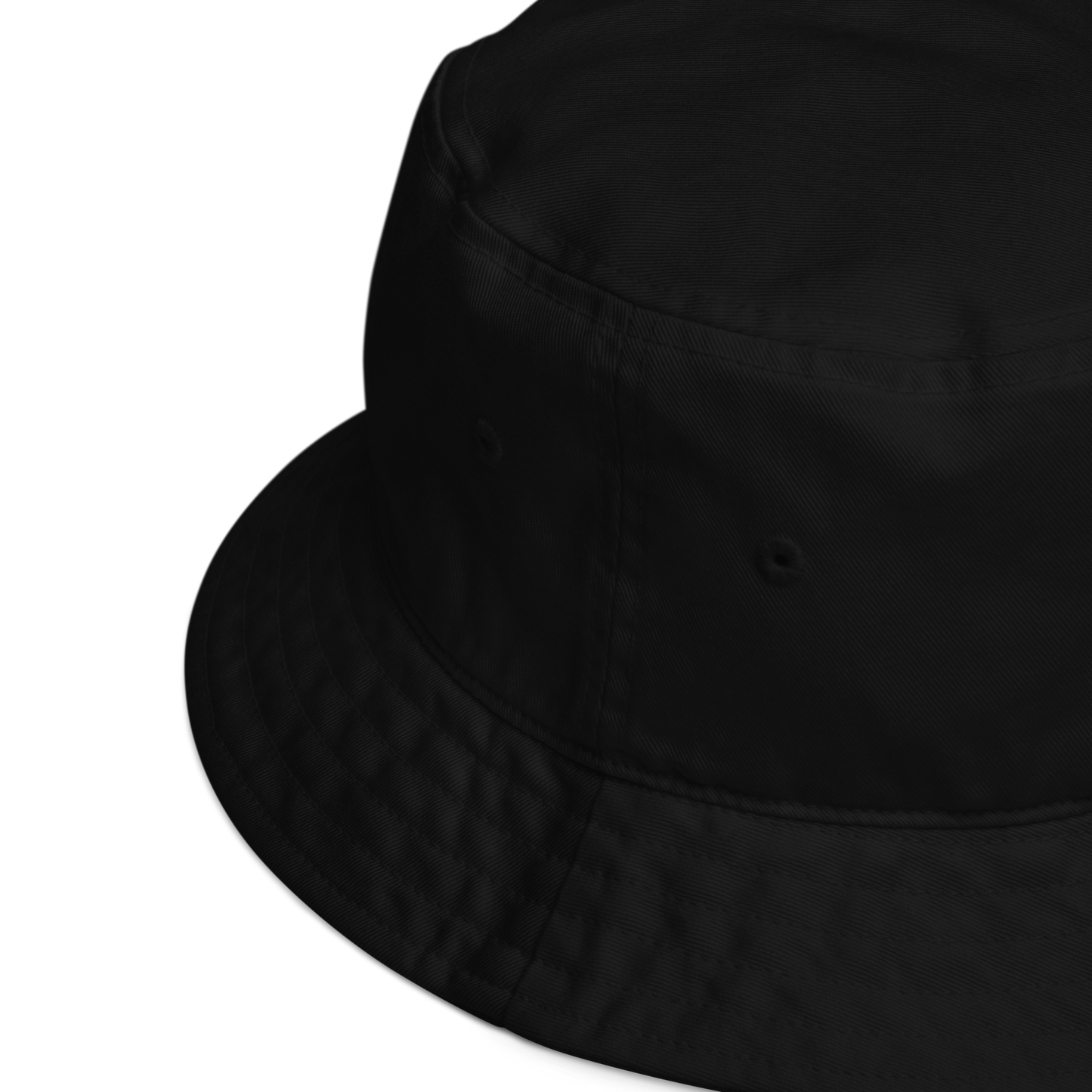 Product details of a Black Organic Bucket Hat featuring a funny Peeking Cat embroidery on the front - Bucket Hats - Boozy Fox