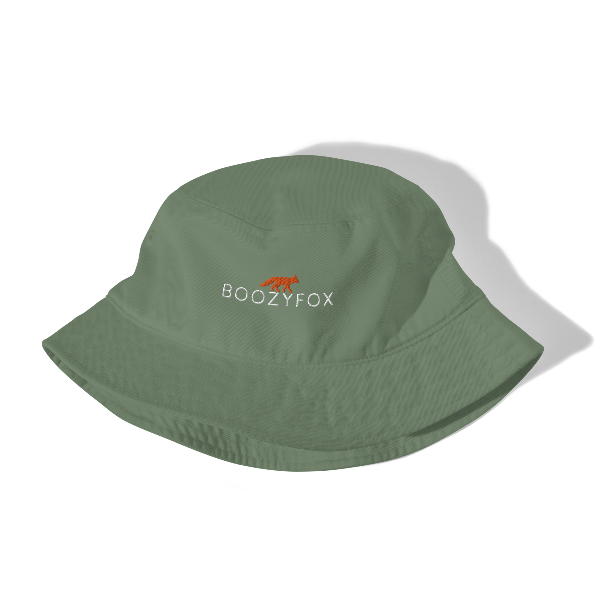 Close details of a Dill Green Organic Bucket Hat featuring a recognizable Boozy Fox embroidery logo on the front - Bucket Hats - Boozy Fox