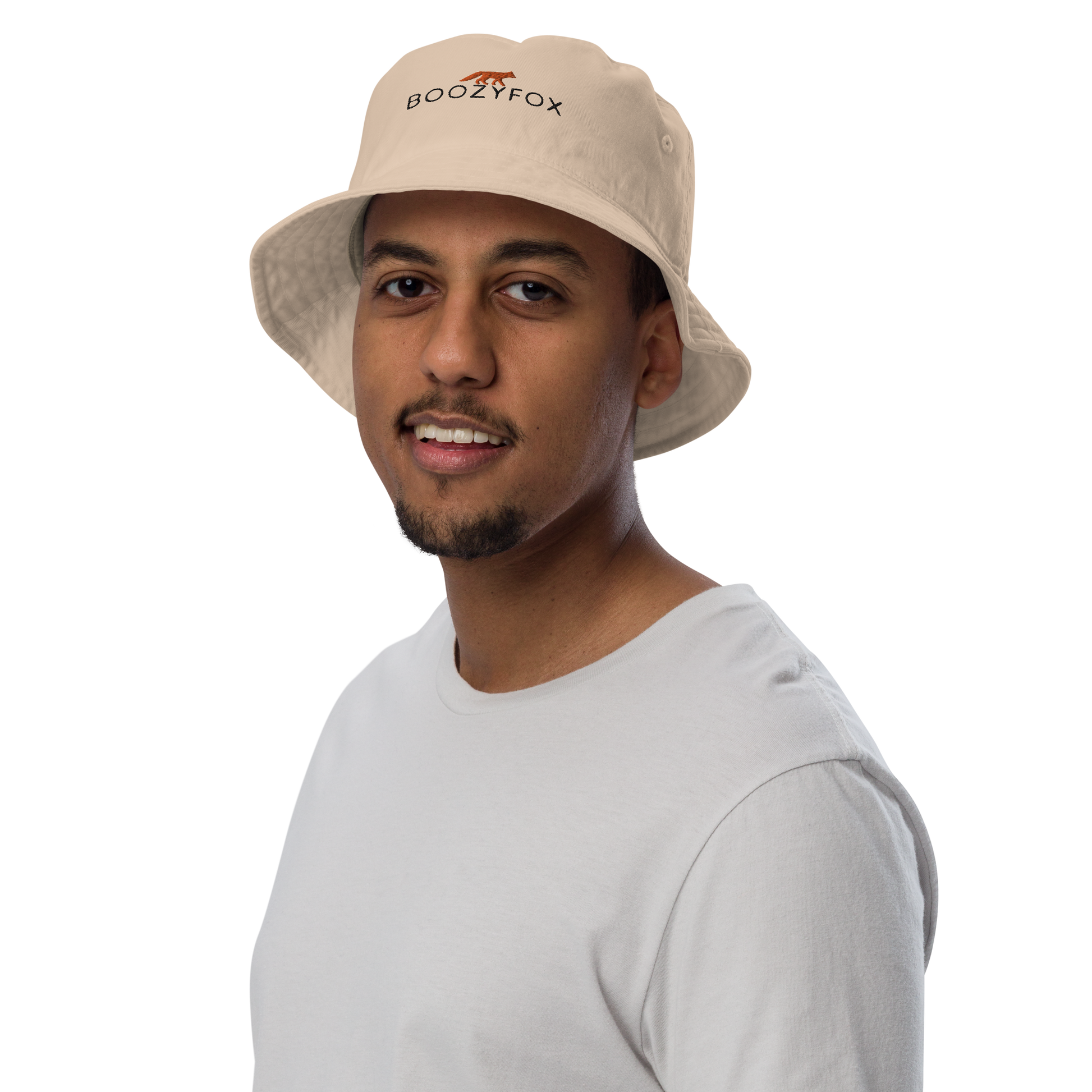 Man wearing a Stone Colored Organic Bucket Hat featuring a recognizable Boozy Fox embroidery logo on the front - Bucket Hats - Boozy Fox