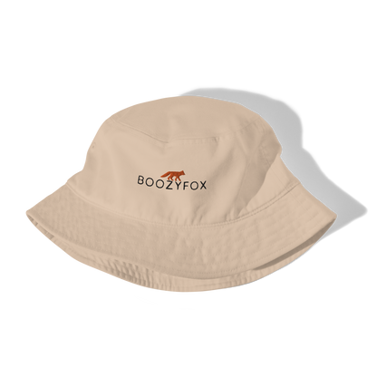 Front details of a Stone Colored Organic Bucket Hat featuring a recognizable Boozy Fox embroidery logo on the front - Bucket Hats - Boozy Fox