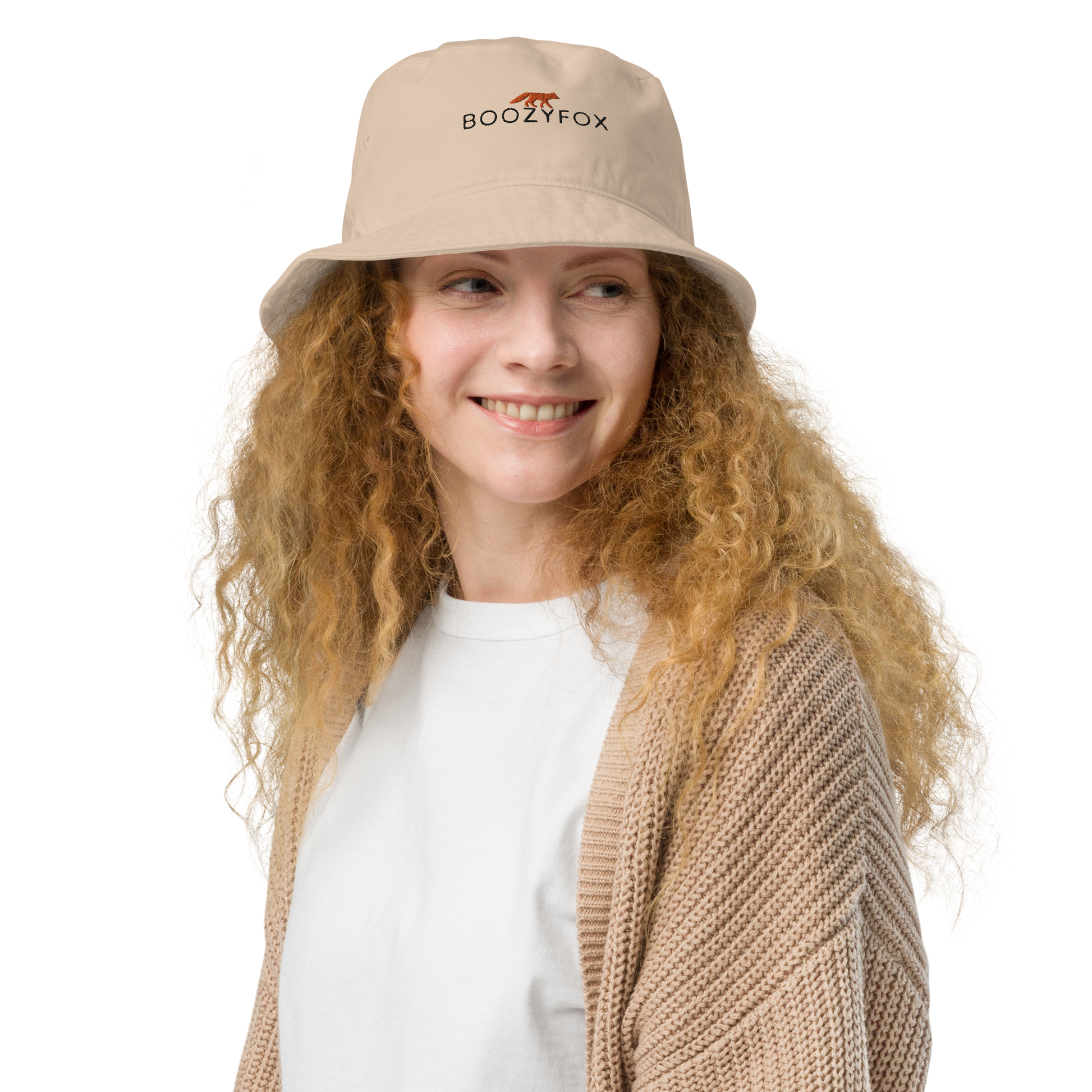 Smiling woman wearing a Stone Colored Organic Bucket Hat featuring a recognizable Boozy Fox embroidery logo on the front - Bucket Hats - Boozy Fox