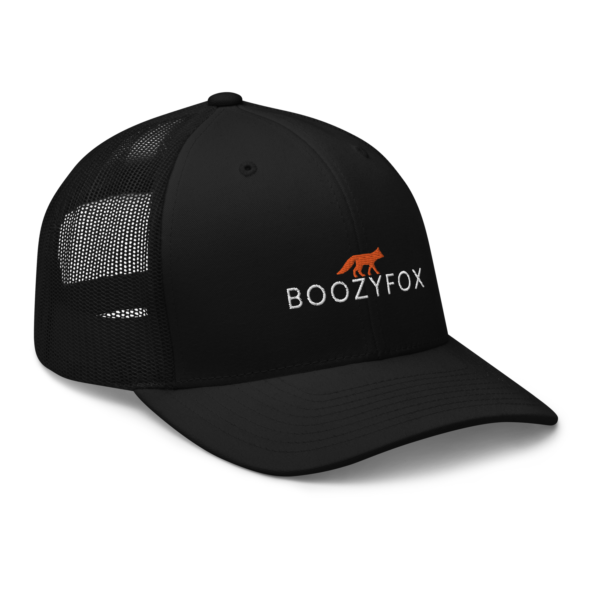 Black Retro Trucker Hat featuring an embroidered Boozy Fox logo on front 