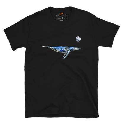 Black Whale T-Shirt featuring a majestic Whale Under The Moon graphic on the chest - Cool Graphic Whale T-Shirts - Boozy Fox
