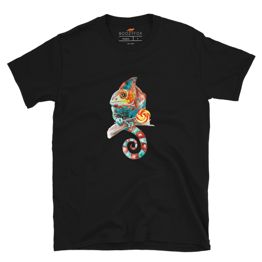 Black Chameleon T-Shirt featuring a charming Chameleon With A Lollipop graphic on the chest - Cool Graphic Chameleon T-Shirts - Boozy Fox