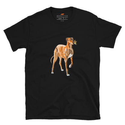 Black Greyhound T-Shirt featuring a lovable Greyhound And Butterfly graphic on the chest - Cute Graphic Greyhound T-Shirts - Boozy Fox