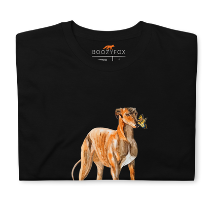 Front Details of a Black Greyhound T-Shirt featuring a lovable Greyhound And Butterfly graphic on the chest - Cute Graphic Greyhound T-Shirts - Boozy Fox
