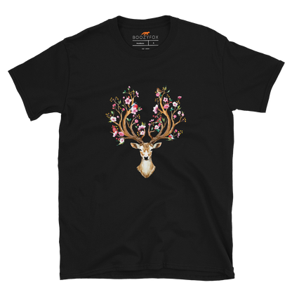 Black Deer T-Shirt featuring a stunning Floral Red Deer graphic on the chest - Cute Graphic Deer T-Shirts - Boozy Fox