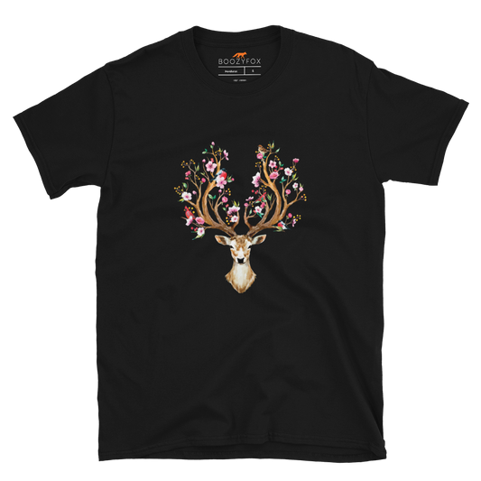 Black Deer T-Shirt featuring a stunning Floral Red Deer graphic on the chest - Cute Graphic Deer T-Shirts - Boozy Fox