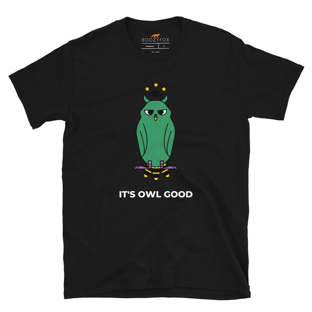 Black Owl T-Shirt featuring a captivating It's Owl Good graphic on the chest - Funny Graphic Owl T-Shirts - Boozy Fox