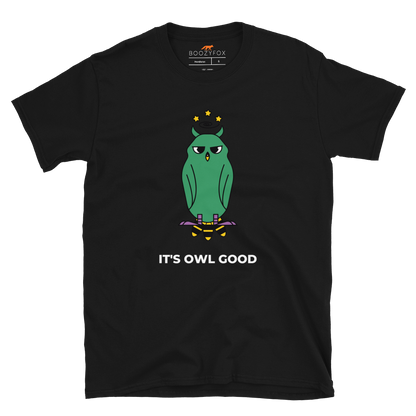 Black Owl T-Shirt featuring a captivating It's Owl Good graphic on the chest - Funny Graphic Owl T-Shirts - Boozy Fox