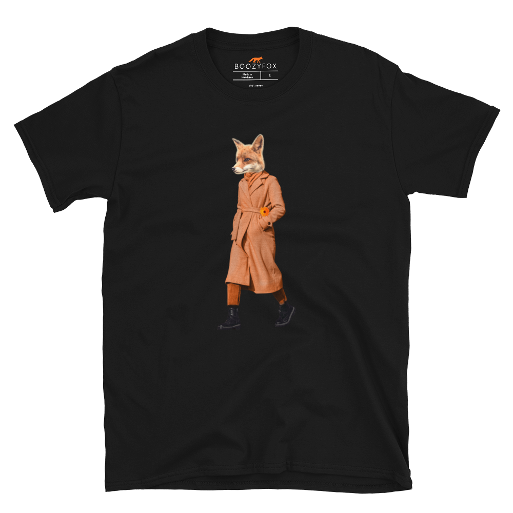 Black Anthropomorphic Fox T-Shirt featuring a sly Anthropomorphic Fox In a Trench Coat graphic on the chest - Funny Graphic Fox T-Shirts - Boozy Fox