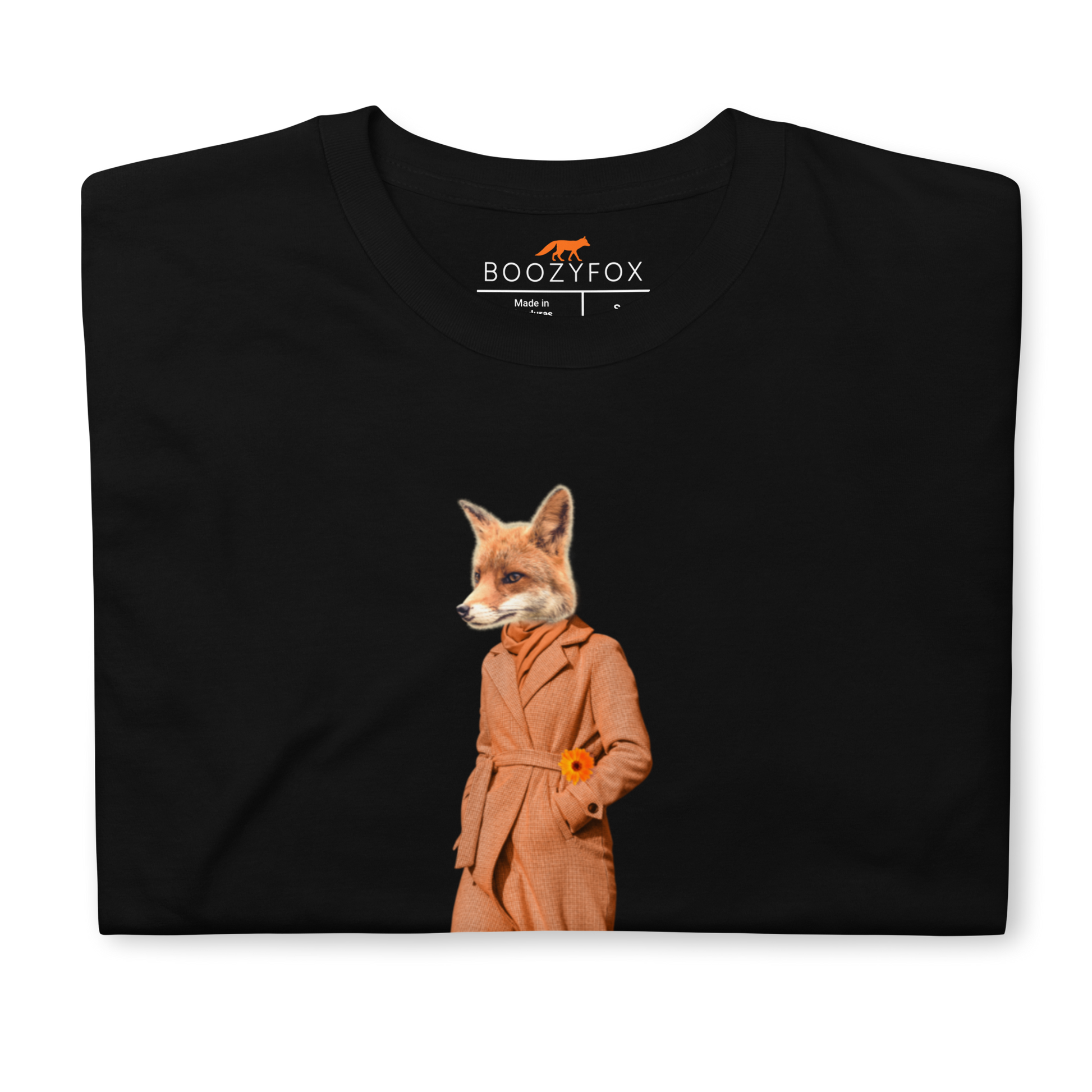 Front Details of a Black Anthropomorphic Fox T-Shirt featuring a sly Anthropomorphic Fox In a Trench Coat graphic on the chest - Funny Graphic Fox T-Shirts - Boozy Fox