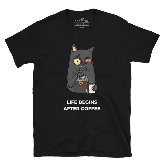 Black Cat T-Shirt featuring a hilarious Life Begins After Coffee graphic on the chest - Funny Graphic Cat T-Shirts - Boozy Fox