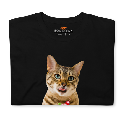 Front Details of a Black Cat T-Shirt featuring a Purrfect graphic on the chest - Funny Graphic Cat T-Shirts - Boozy Fox