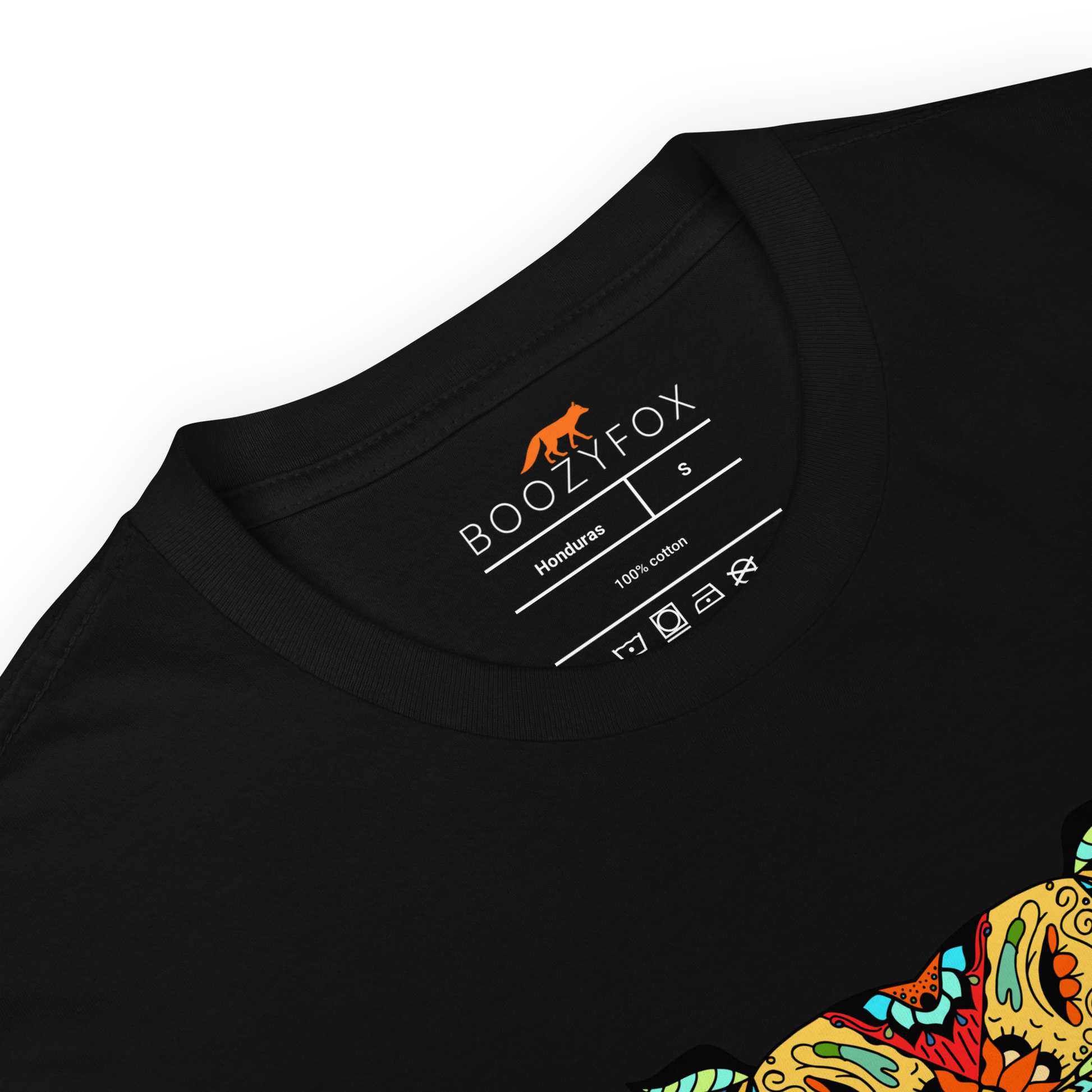Product details of a Black Hippo T-Shirt featuring a mesmerizing Zentangle Hippo graphic on the chest - Cool Graphic Hippo T-Shirts - Boozy Fox