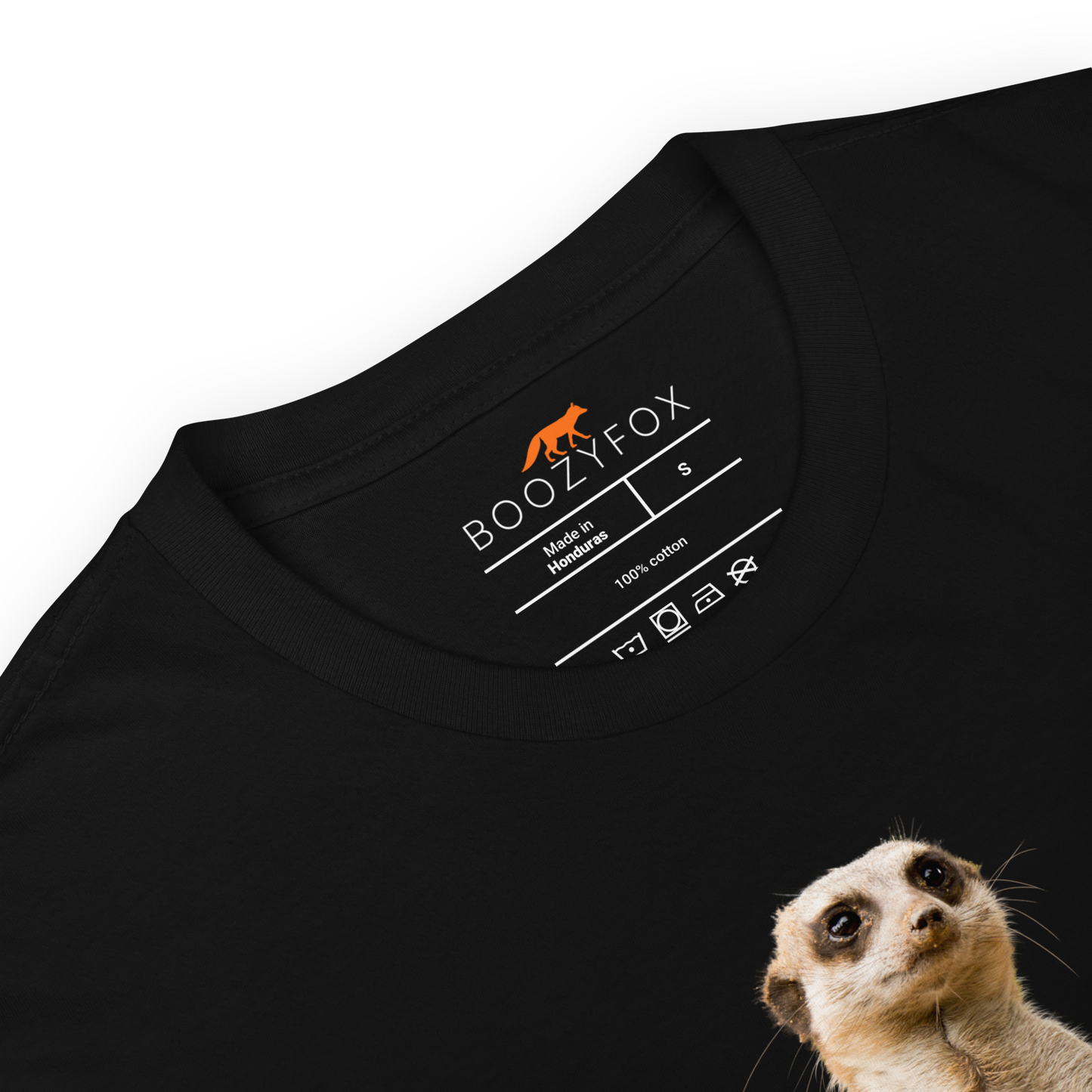 Product Details of a Black Meerkat T-Shirt featuring a hilarious Beerkat graphic on the chest - Funny Graphic Meerkat T-Shirts - Boozy Fox