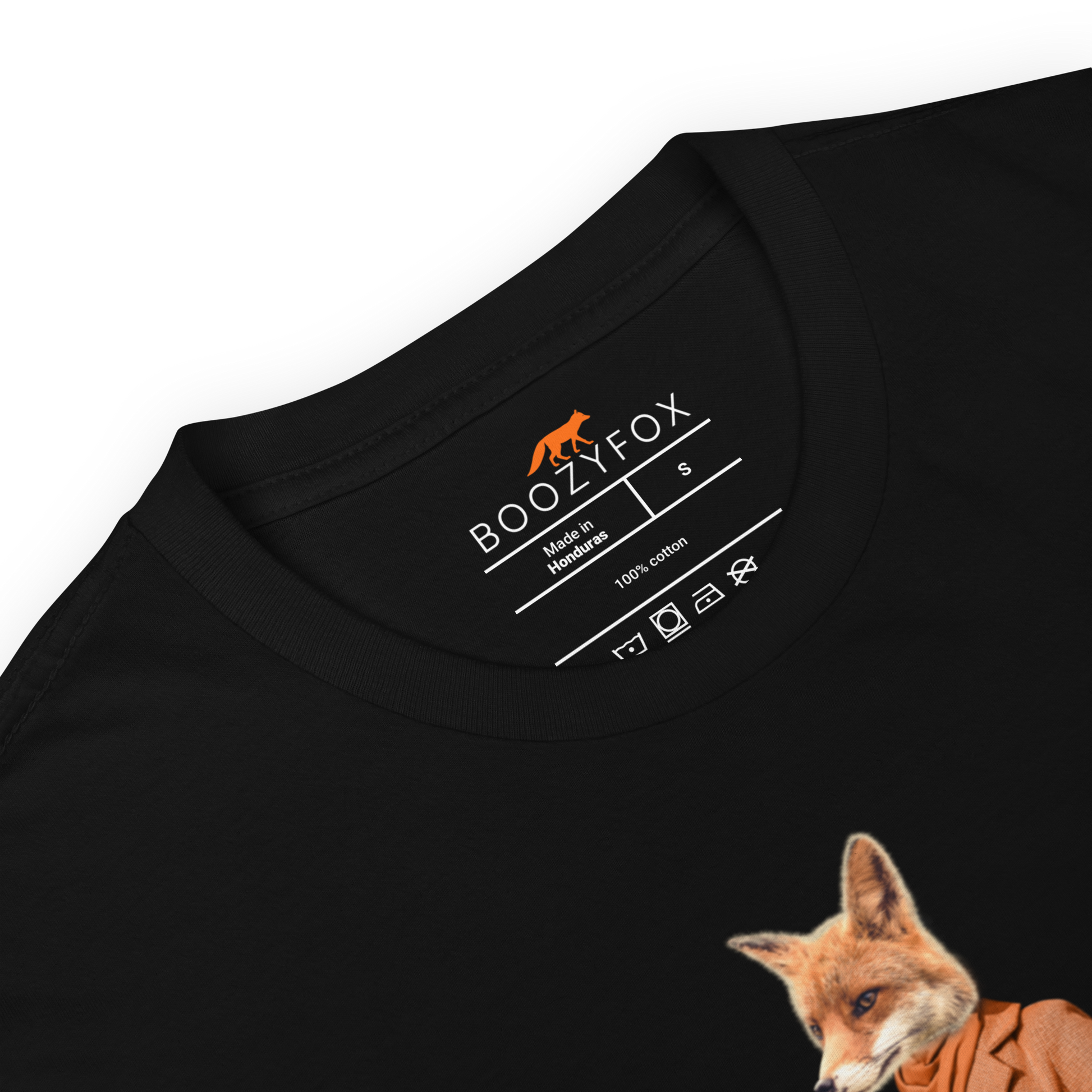 Product Details of a Black Anthropomorphic Fox T-Shirt featuring a sly Anthropomorphic Fox In a Trench Coat graphic on the chest - Funny Graphic Fox T-Shirts - Boozy Fox