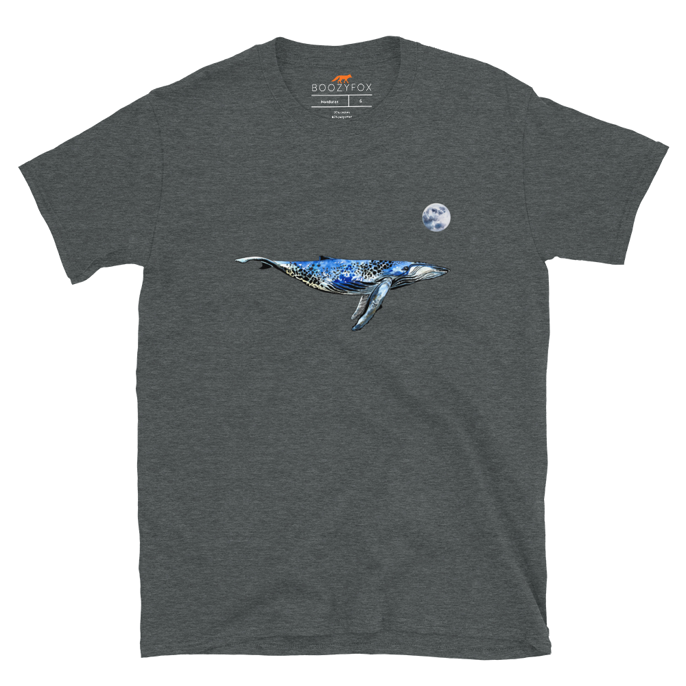 Dark Heather Whale T-Shirt featuring a majestic Whale Under The Moon graphic on the chest - Cool Graphic Whale T-Shirts - Boozy Fox