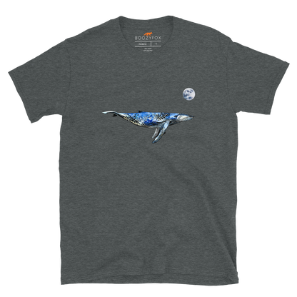 Dark Heather Whale T-Shirt featuring a majestic Whale Under The Moon graphic on the chest - Cool Graphic Whale T-Shirts - Boozy Fox