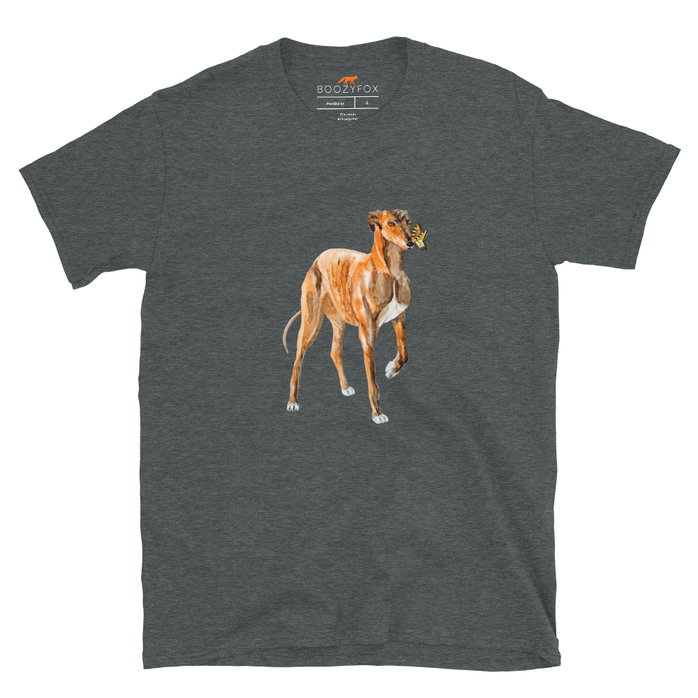 Dark Heather Greyhound T-Shirt featuring a lovable Greyhound And Butterfly graphic on the chest - Cute Graphic Greyhound T-Shirts - Boozy Fox