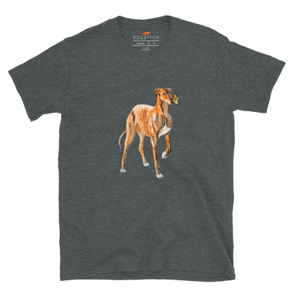 Dark Heather Greyhound T-Shirt featuring a lovable Greyhound And Butterfly graphic on the chest - Cute Graphic Greyhound T-Shirts - Boozy Fox