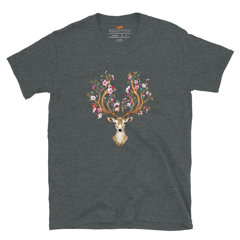 Dark Heather Deer T-Shirt featuring a stunning Floral Red Deer graphic on the chest - Cute Graphic Deer T-Shirts - Boozy Fox