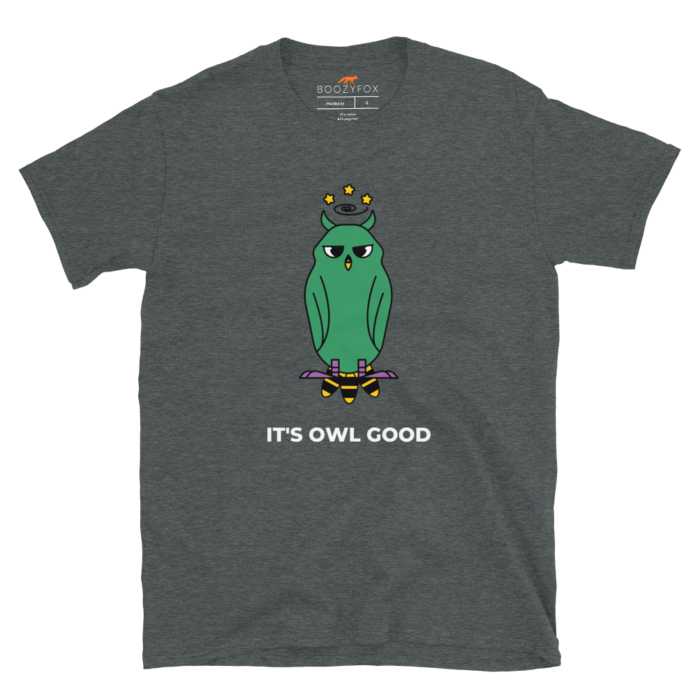 Dark Heather Owl T-Shirt featuring a captivating It's Owl Good graphic on the chest - Funny Graphic Owl T-Shirts - Boozy Fox
