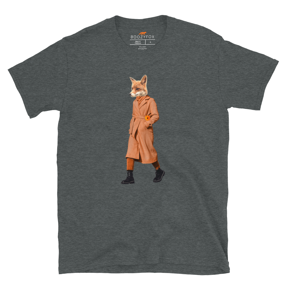 Dark Heather Anthropomorphic Fox T-Shirt featuring a sly Anthropomorphic Fox In a Trench Coat graphic on the chest - Funny Graphic Fox T-Shirts - Boozy Fox