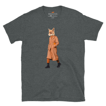 Dark Heather Anthropomorphic Fox T-Shirt featuring a sly Anthropomorphic Fox In a Trench Coat graphic on the chest - Funny Graphic Fox T-Shirts - Boozy Fox
